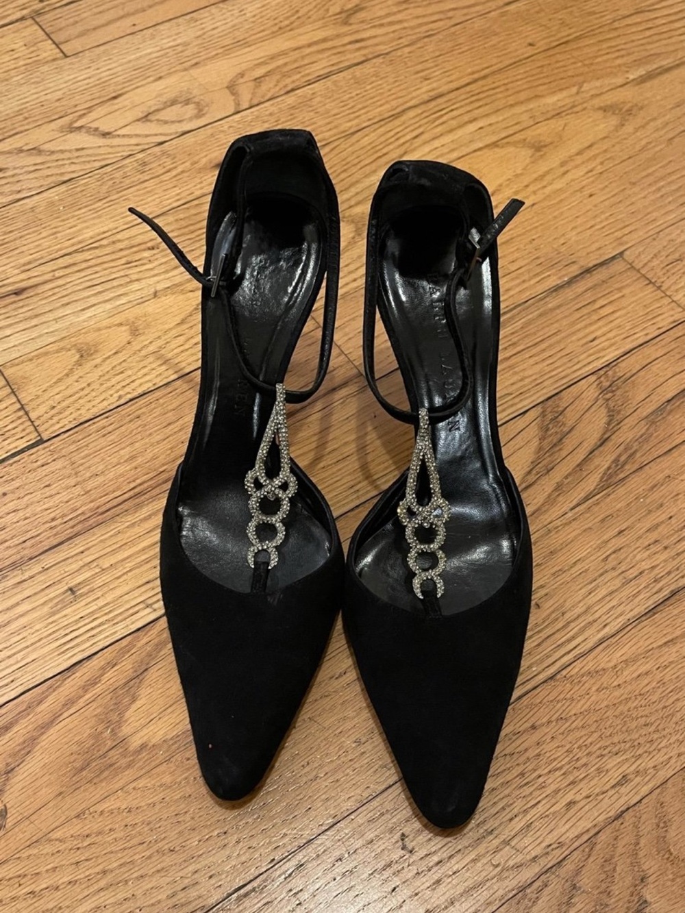 Raphl Lauren Black Suede Pointed Toe T-Strap Heels with Crystal Accent